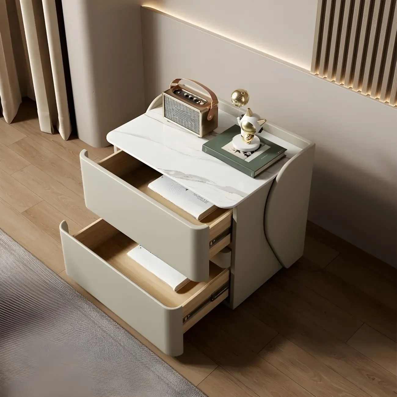 Modern Stone Top Leather Pine 2-Drawer Nightstand Image - 8