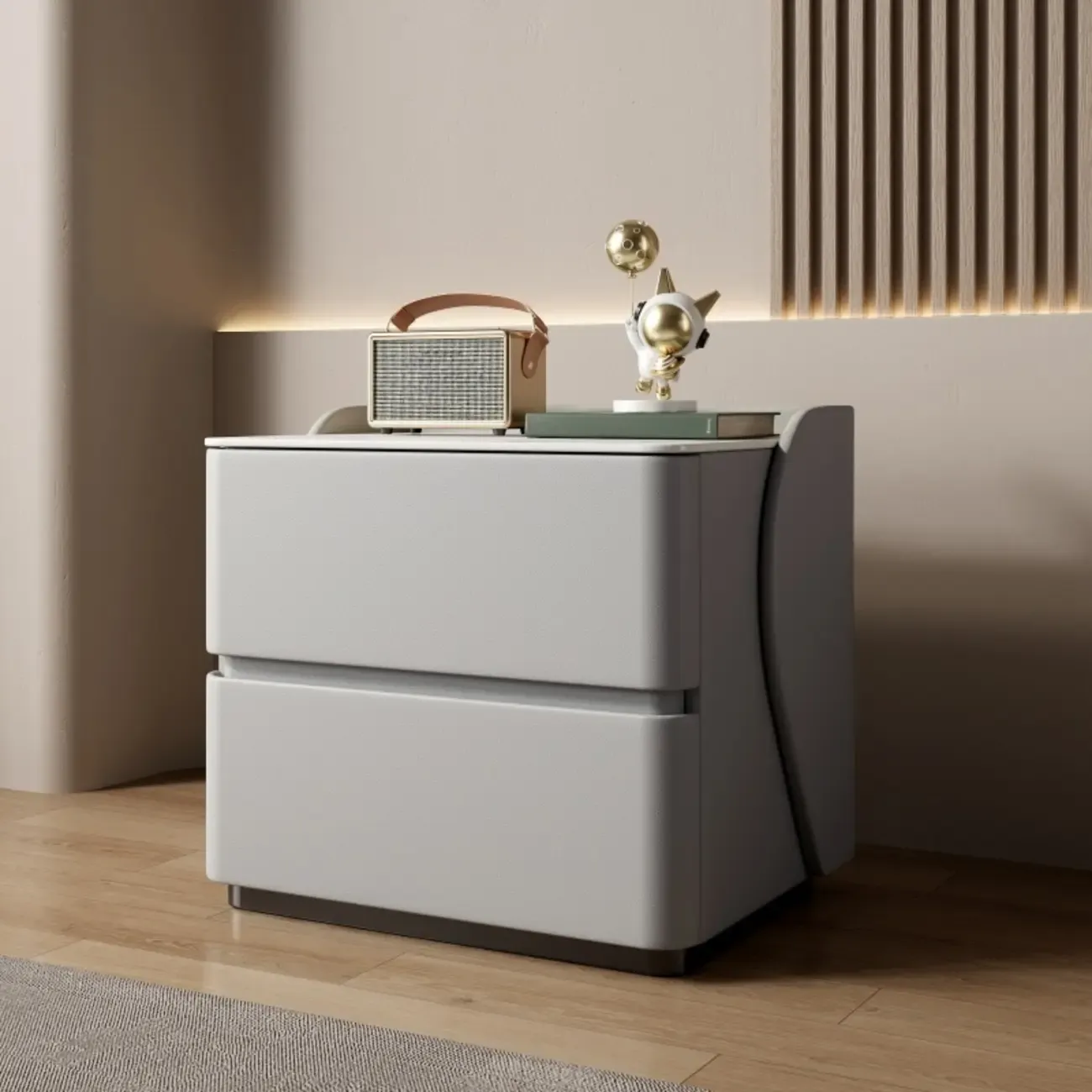 Modern Stone Top Leather Pine 2-Drawer Nightstand Image - 10