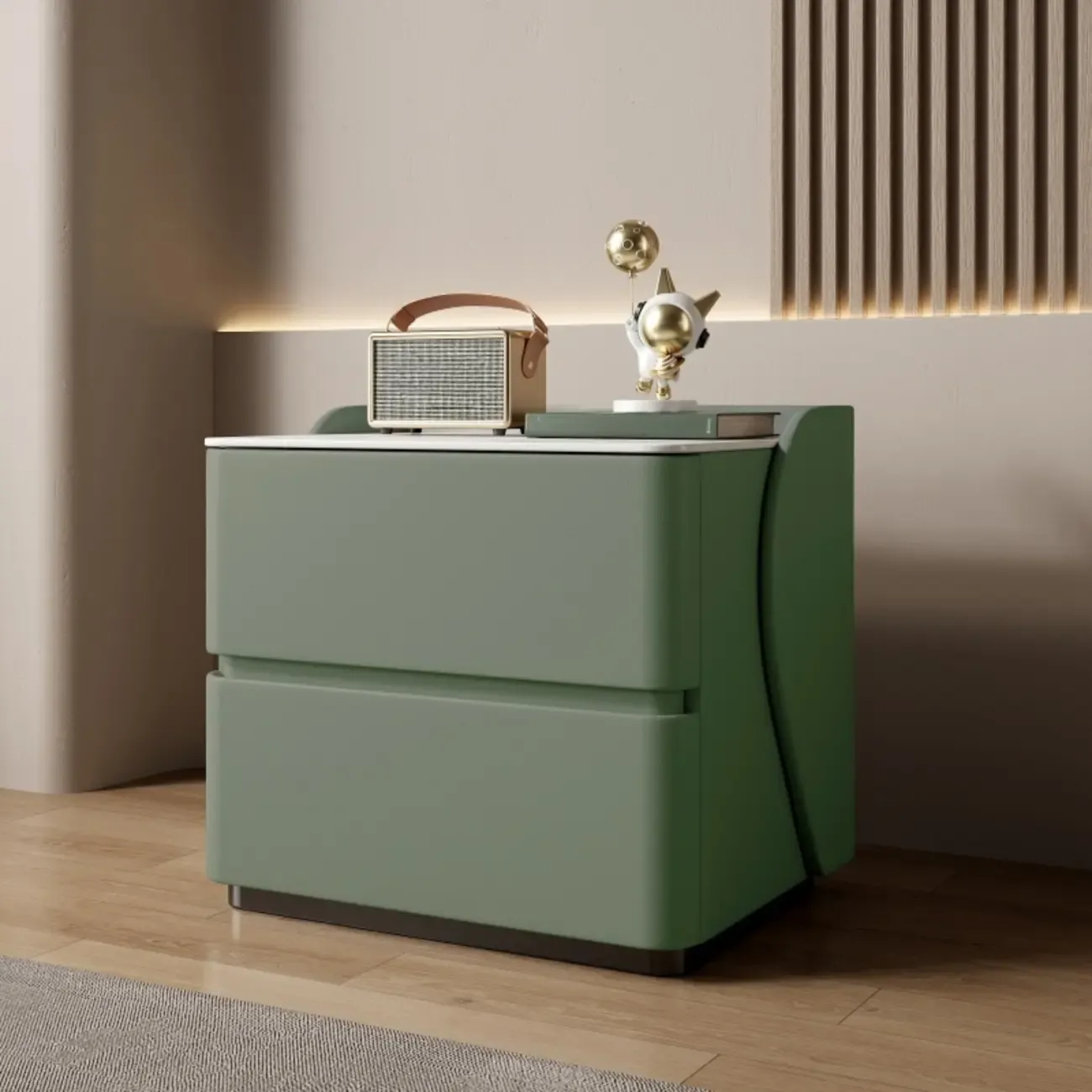 Modern Stone Top Leather Pine 2-Drawer Nightstand Image - 1