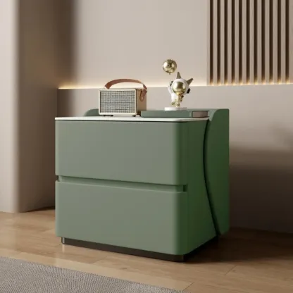 Modern Stone Top Leather Pine 2-Drawer Nightstand Image - 1