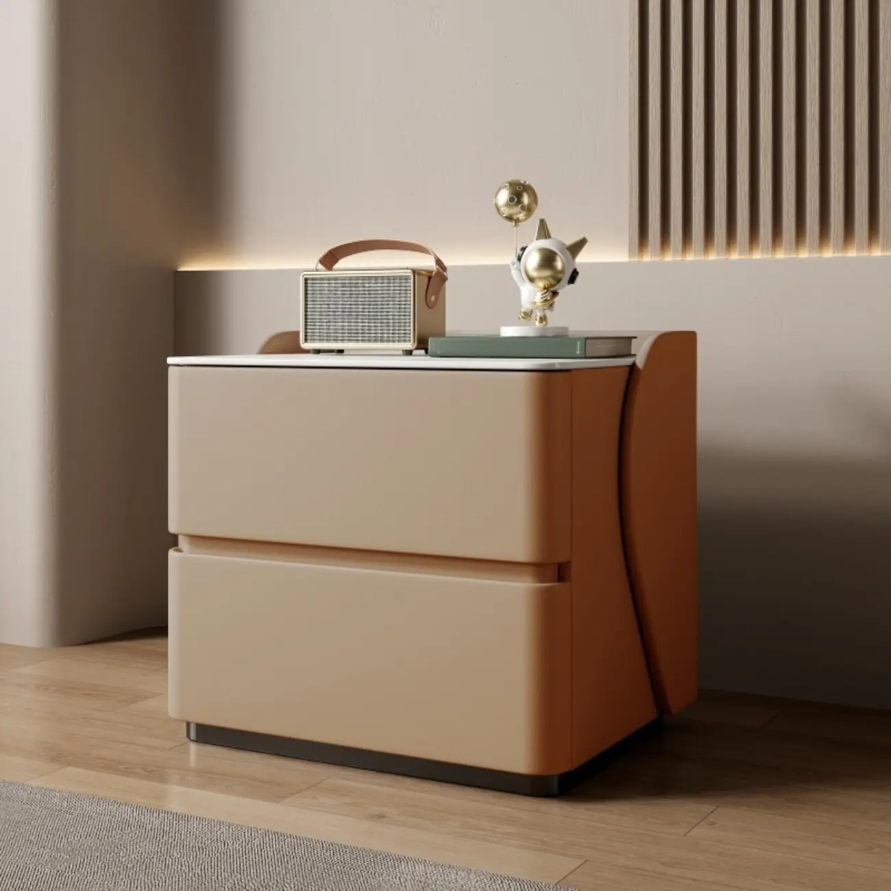 Modern Stone Top Leather Pine 2-Drawer Nightstand Image - 13 | homeyfad