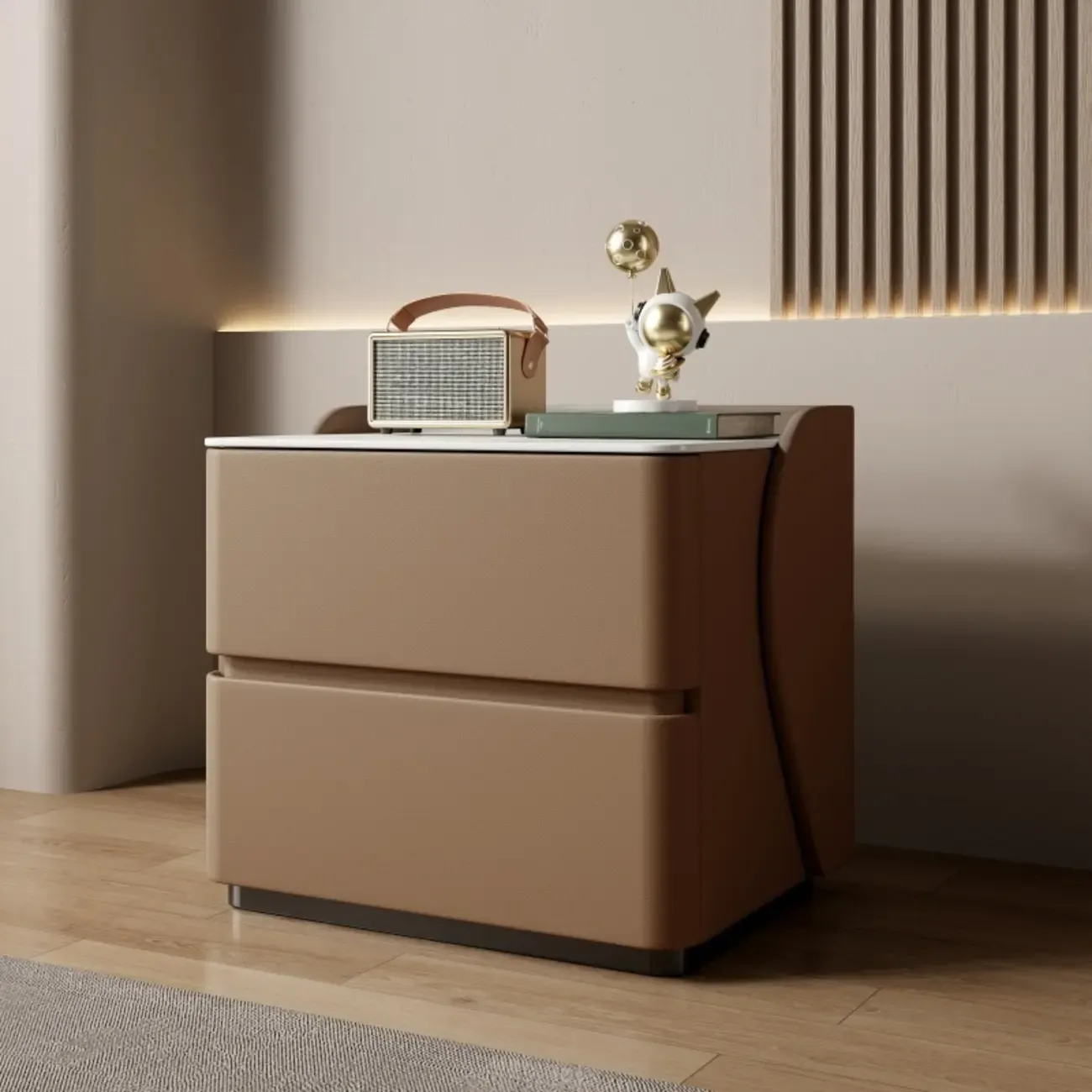 Modern Stone Top Leather Pine 2-Drawer Nightstand Image - 16