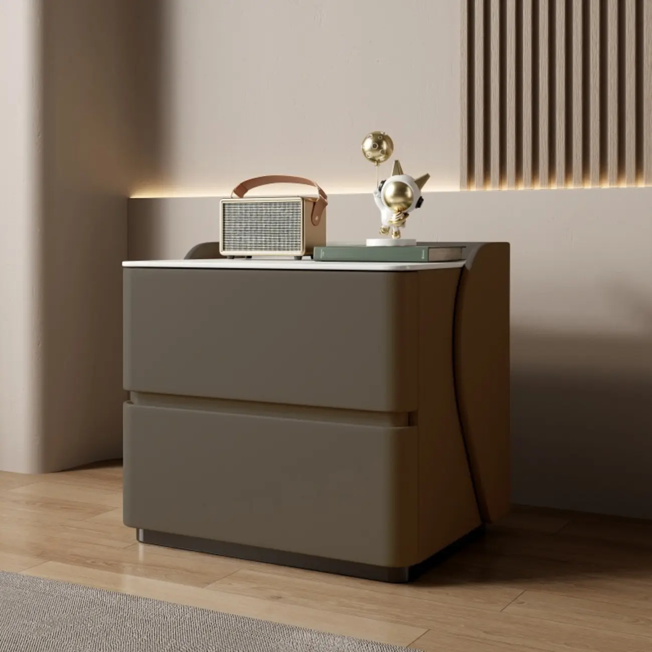 Modern Stone Top Leather Pine 2-Drawer Nightstand Image - 17 | homeyfad