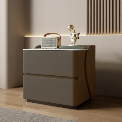 Modern Stone Top Leather Pine 2-Drawer Nightstand Image - 17