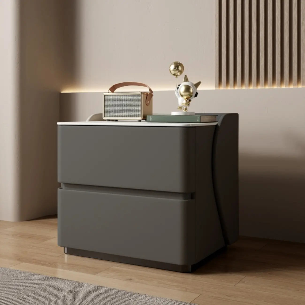 Modern Stone Top Leather Pine 2-Drawer Nightstand Image - 18 | homeyfad