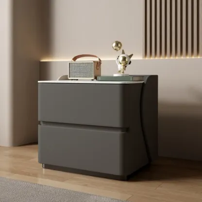 Modern Stone Top Leather Pine 2-Drawer Nightstand Image - 18
