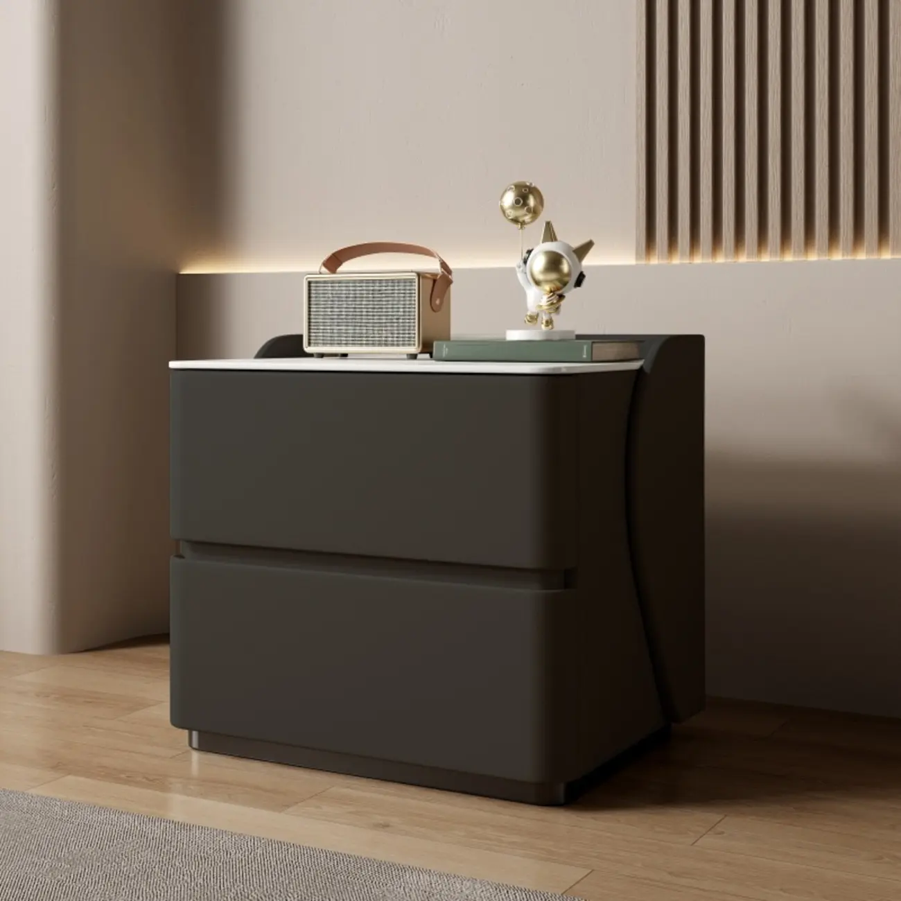 Modern Stone Top Leather Pine 2-Drawer Nightstand Image - 19 | homeyfad