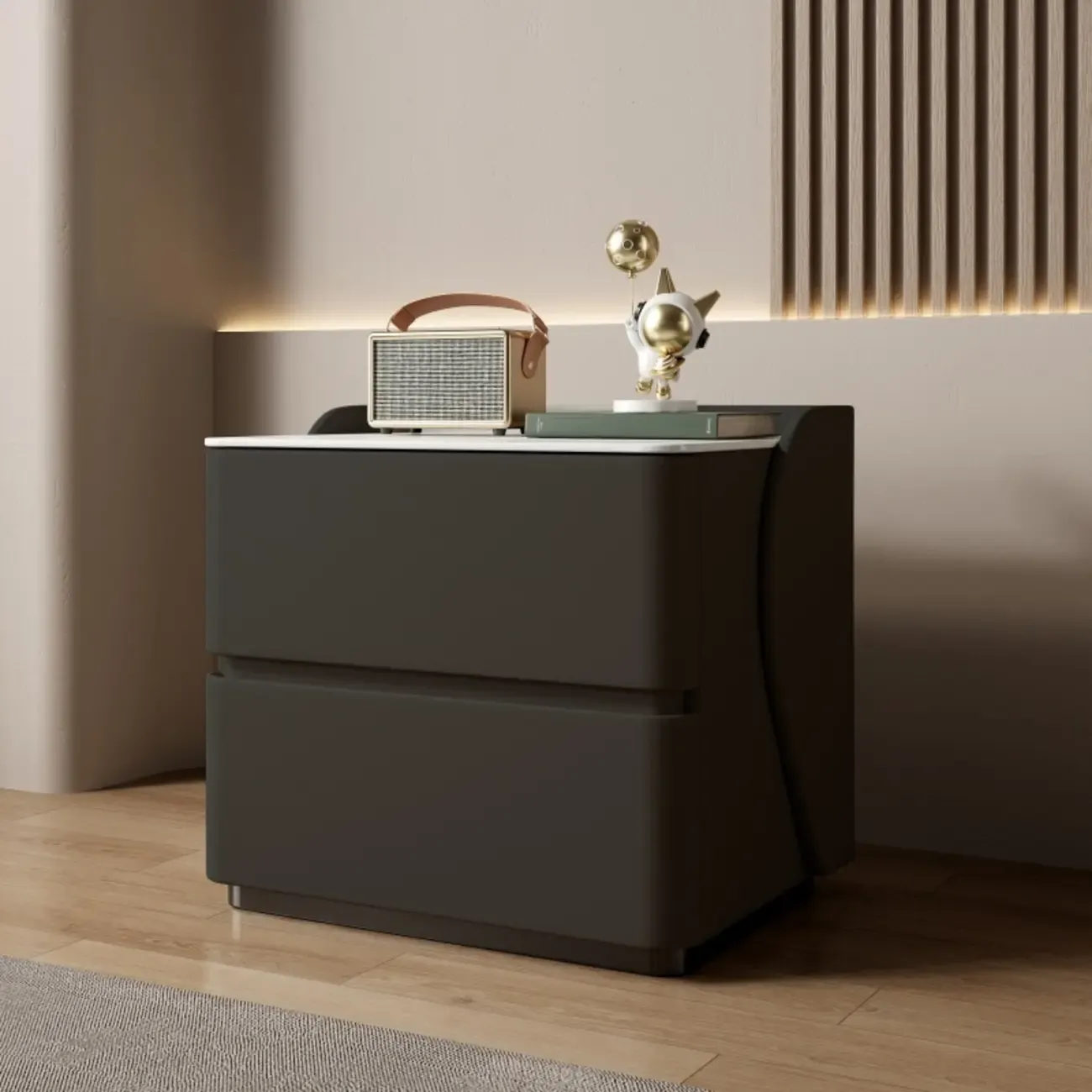 Modern Stone Top Leather Pine 2-Drawer Nightstand Image - 19