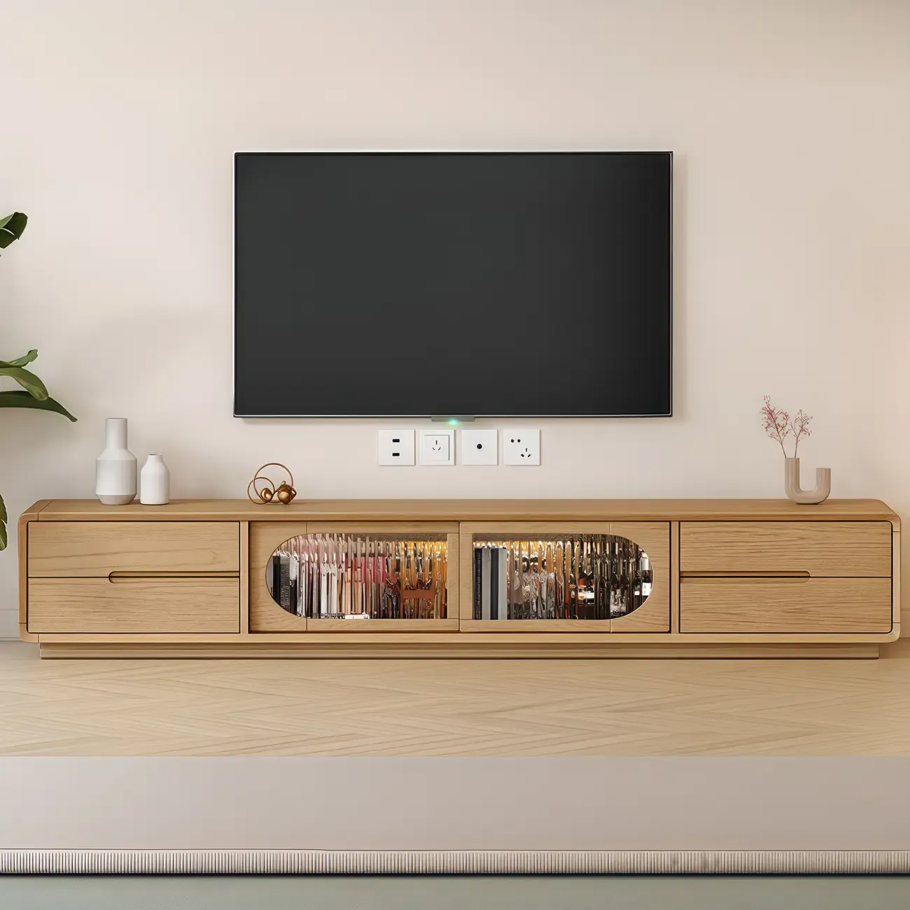 Modern Wood TV Stand with 4 Drawers & Cabinets Image - 1