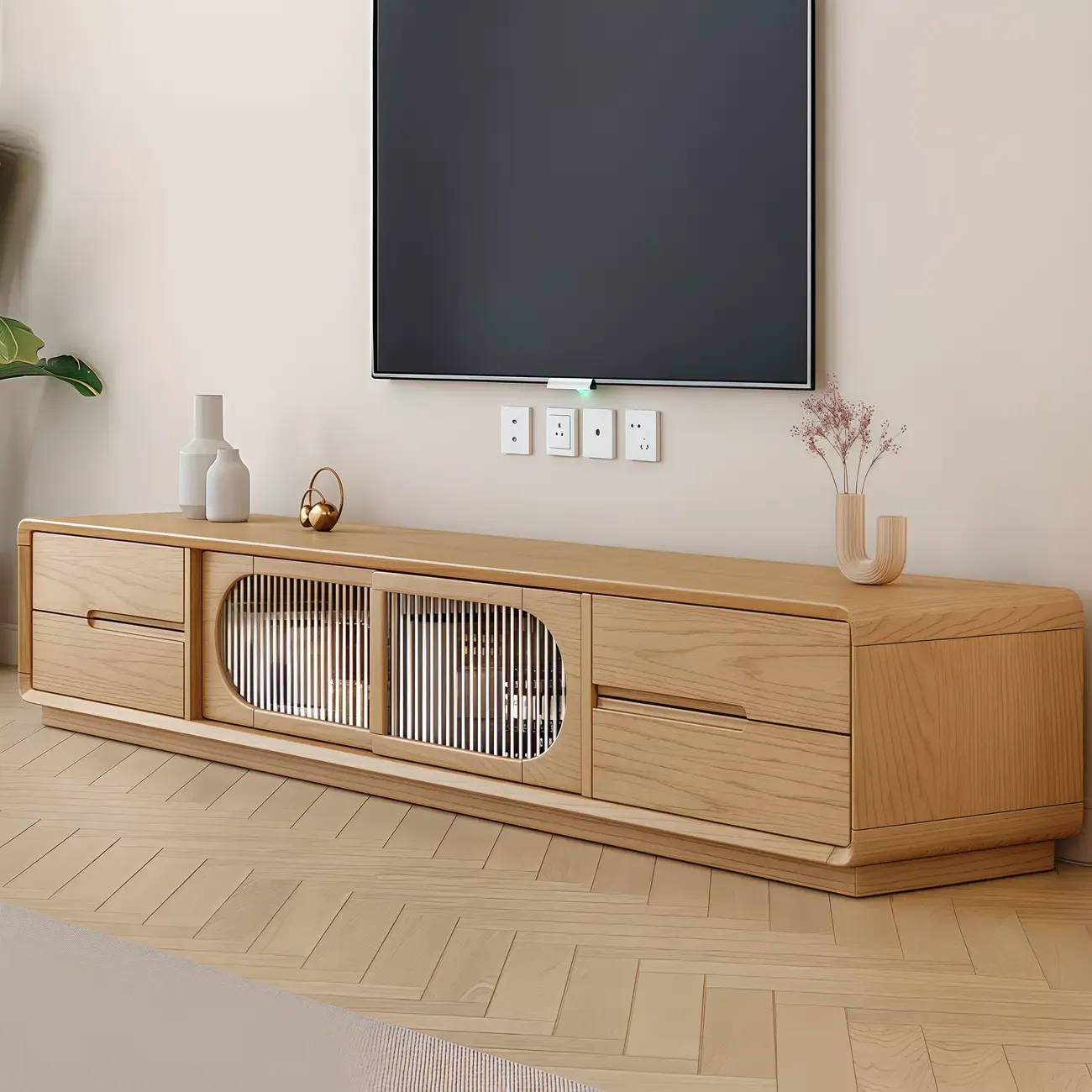 Modern Wood TV Stand with 4 Drawers & Cabinets Image - 2