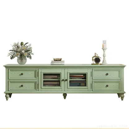 Wooden Mid-Century Green TV Stand with Storage Image - 11