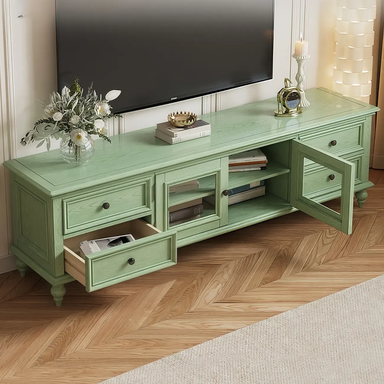 Wooden Mid-Century Green TV Stand with Storage Image - 3