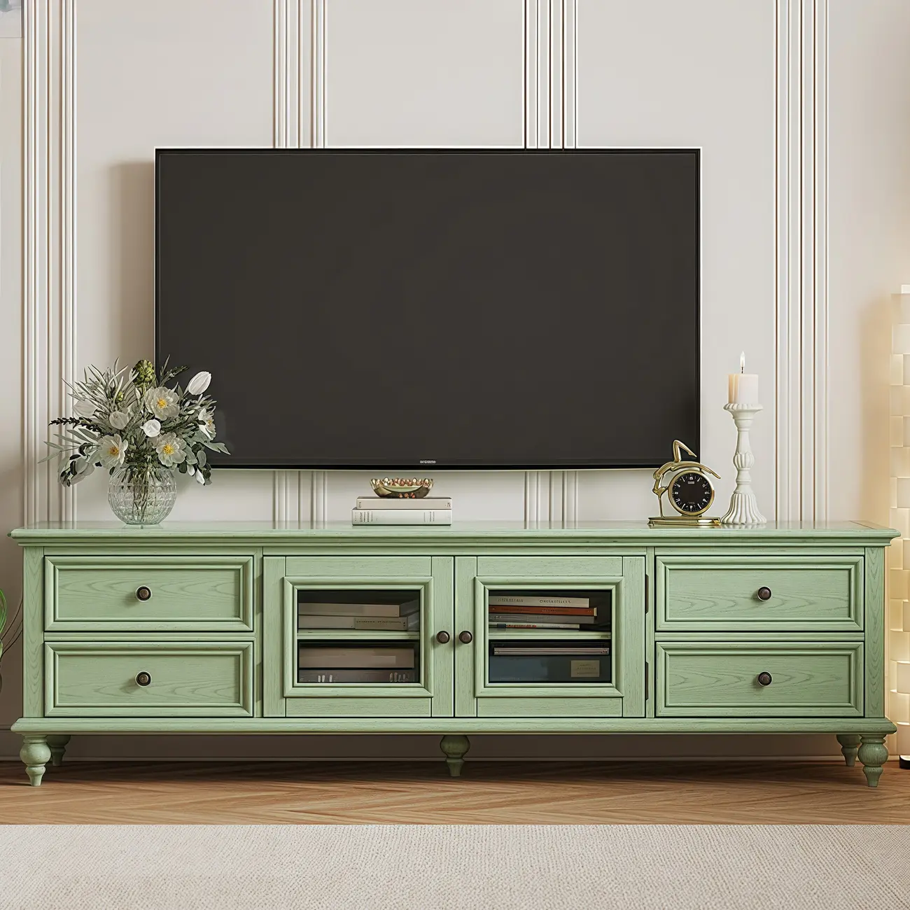 Wooden Mid-Century Green TV Stand with Storage Image - 2 | homeyfad