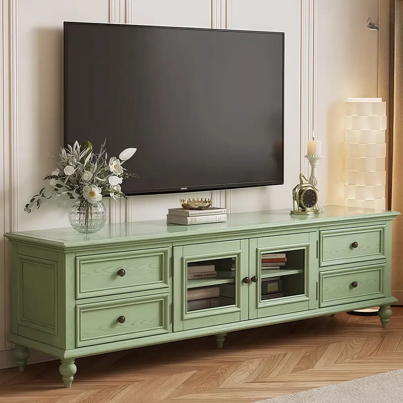 Wooden Mid-Century Green TV Stand with Storage Image - 1