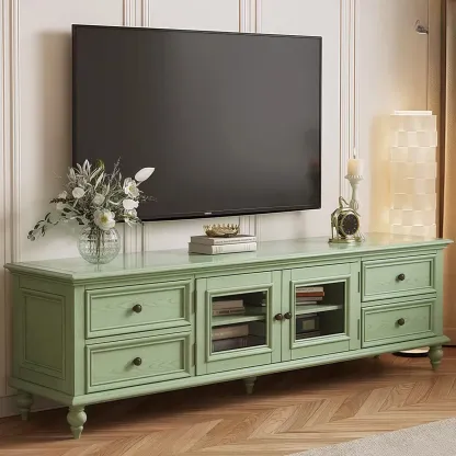 Wooden Mid-Century Green TV Stand with Storage Image - 1