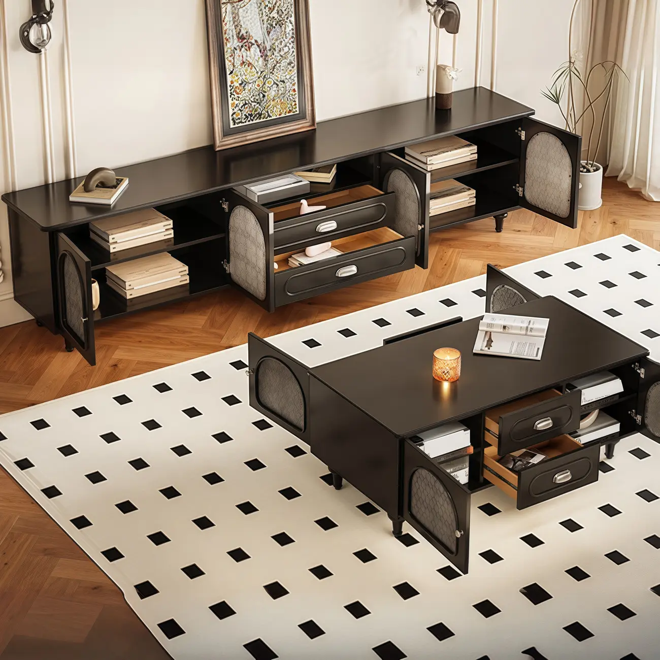 Modern Wood TV Stand with Cabinet and Drawers Image - 2 | homeyfad