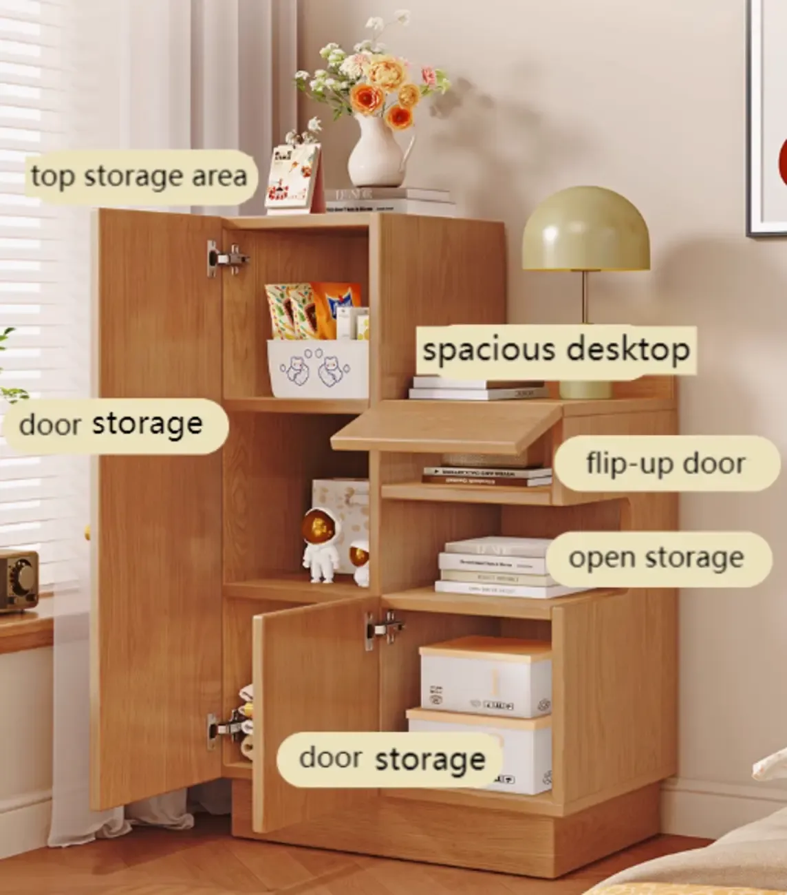 Art Deco Bedside Cabinet Nightstand with 3 Cabinets, 4 Shelves, Left Orientation, and Laminate Countertop Image - 2