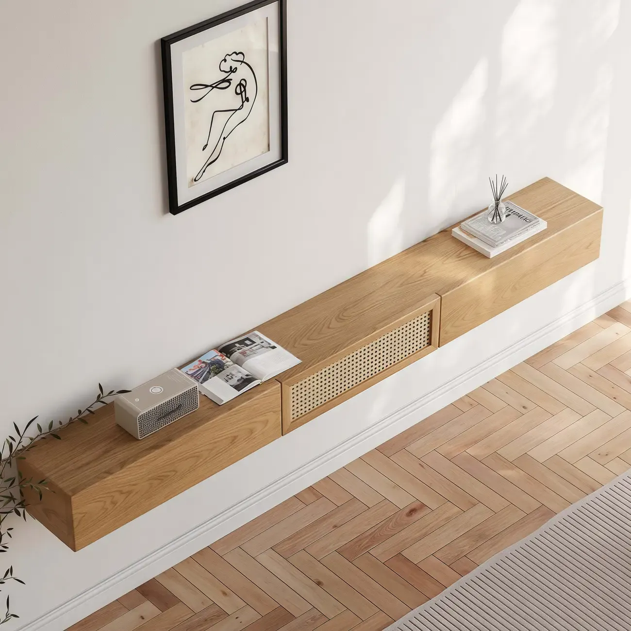 Walnut Ash Wood Floating Rattan Flip-Up TV Stand Image - 4