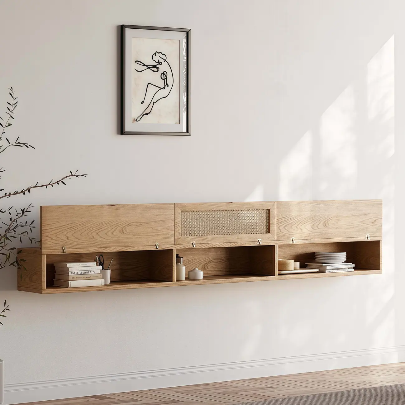 Walnut Ash Wood Floating Rattan Flip-Up TV Stand Image - 5 | homeyfad