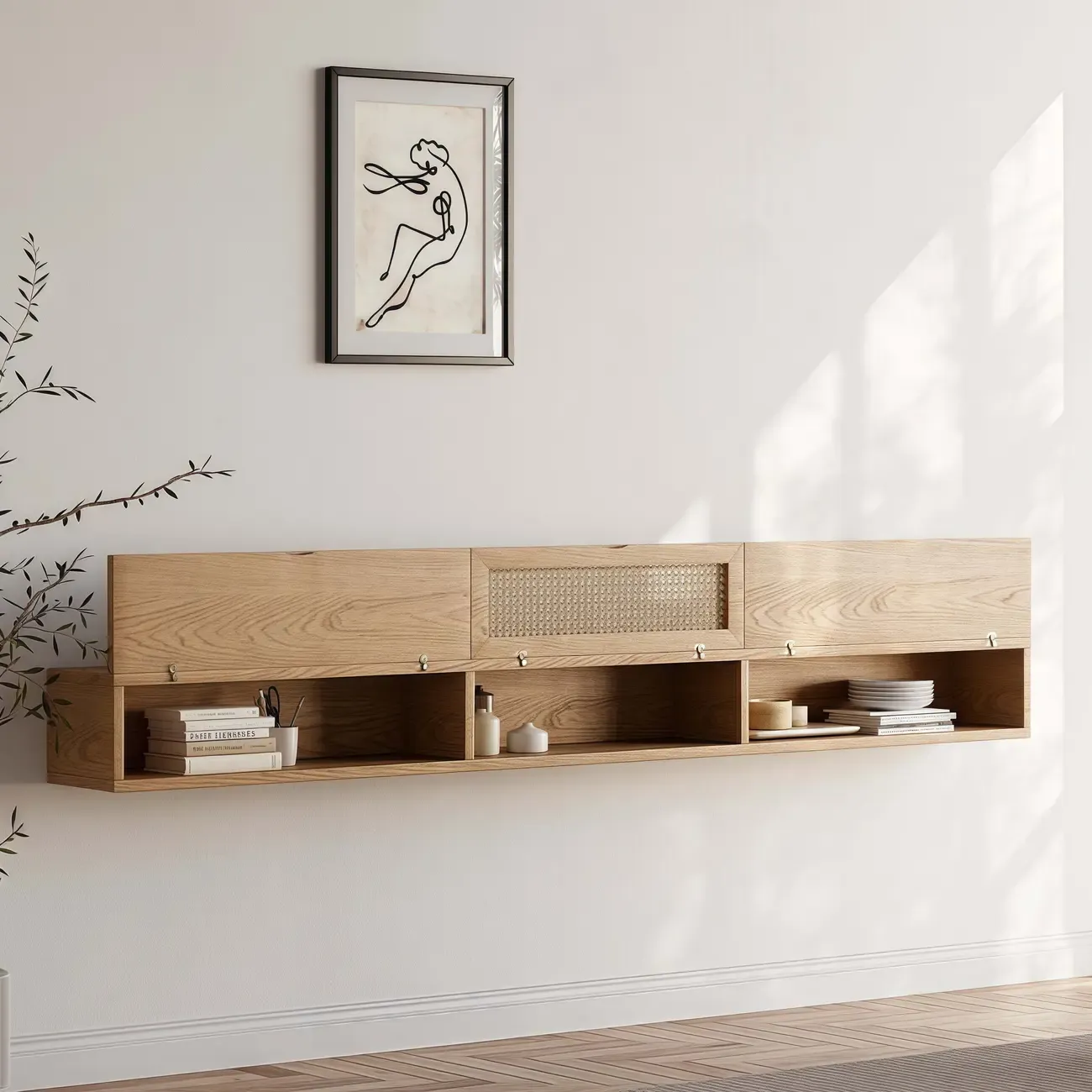 Walnut Ash Wood Floating Rattan Flip-Up TV Stand Image - 5