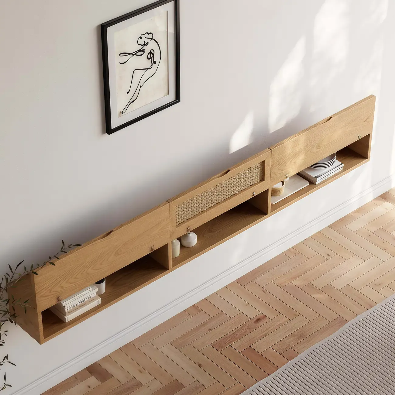 Walnut Ash Wood Floating Rattan Flip-Up TV Stand Image - 6