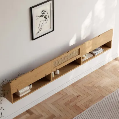 Walnut Ash Wood Floating Rattan Flip-Up TV Stand Image - 6