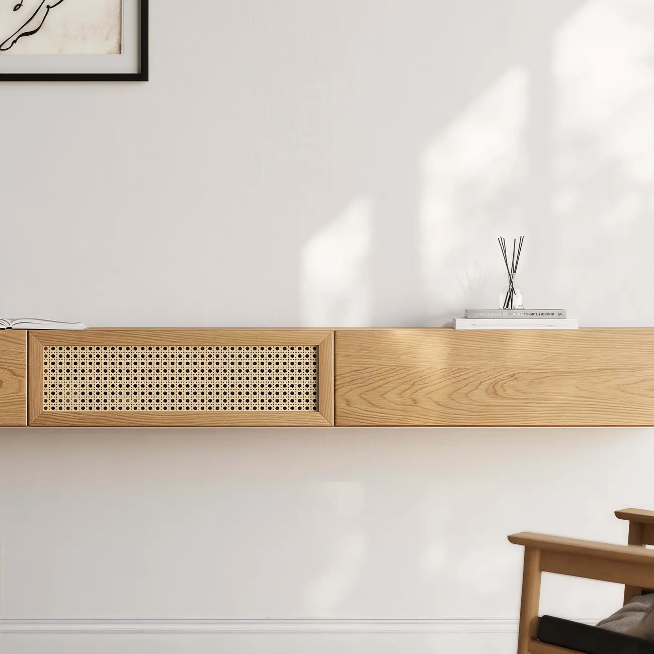 Walnut Ash Wood Floating Rattan Flip-Up TV Stand Image - 7 | homeyfad