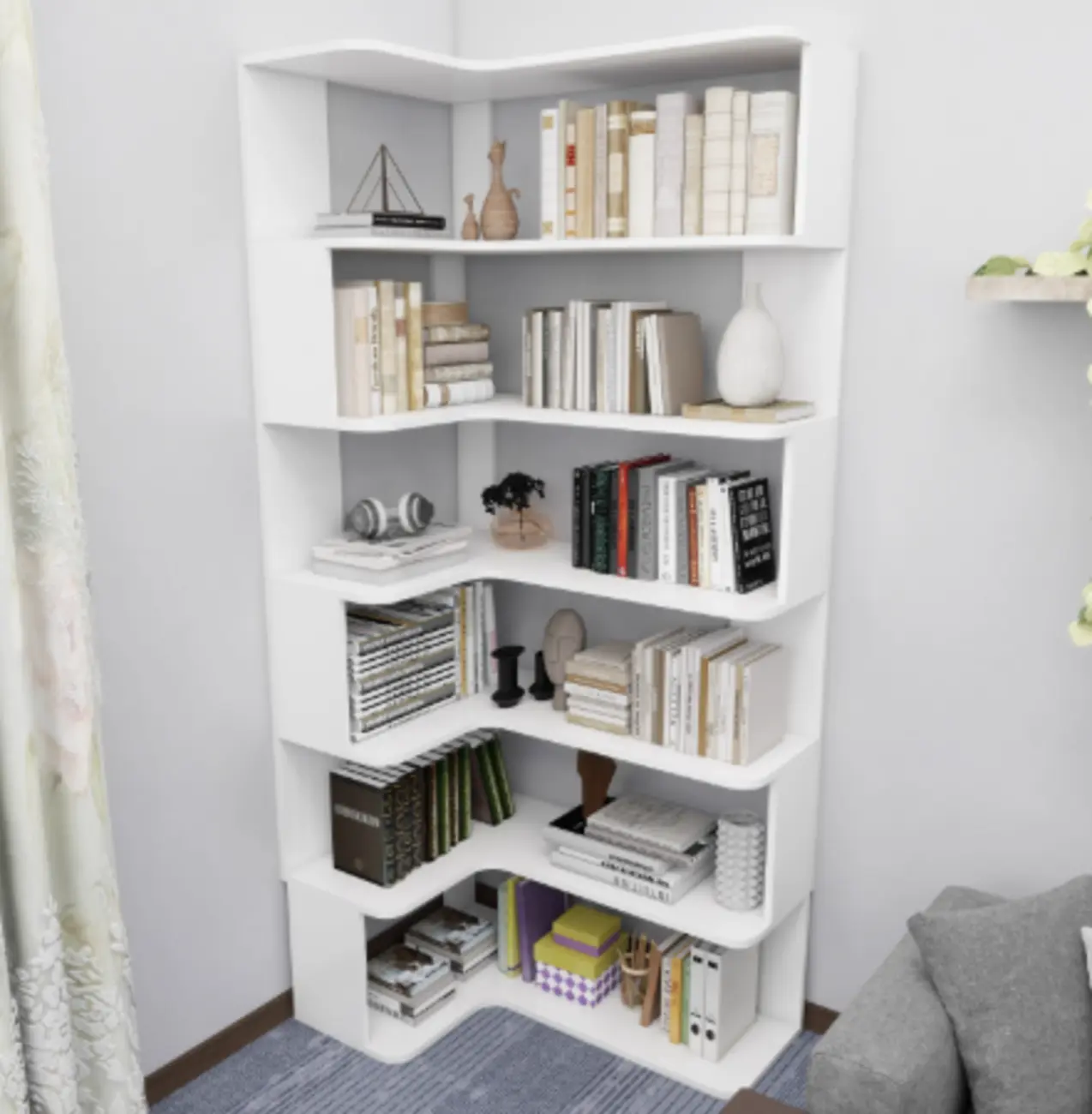 Manufactured Wood Corner Bookshelf with 6 Shelves Image - 18 | homeyfad