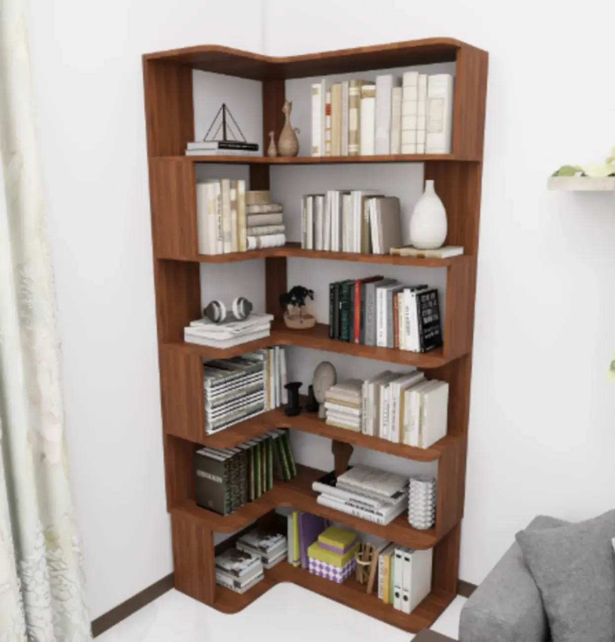 Manufactured Wood Corner Bookshelf with 6 Shelves Image - 19
