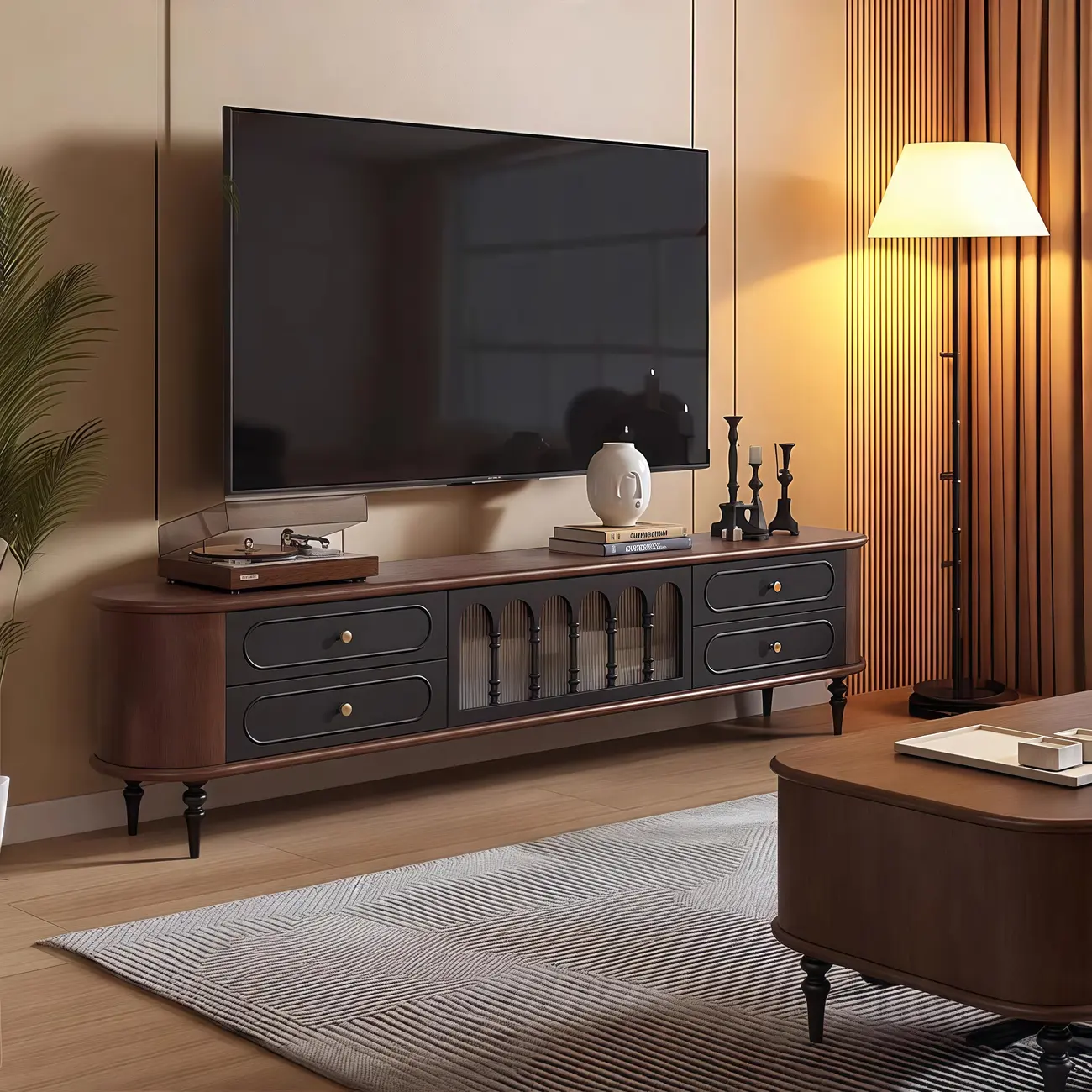 Modern Long Wooden 4-Drawer TV Stand with Doors Image - 1 | homeyfad