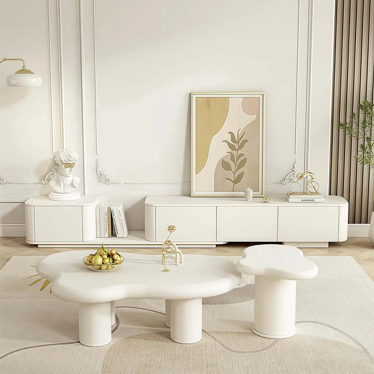 Extendable Modern Wooden White TV cabinet with Drawers Image - 6