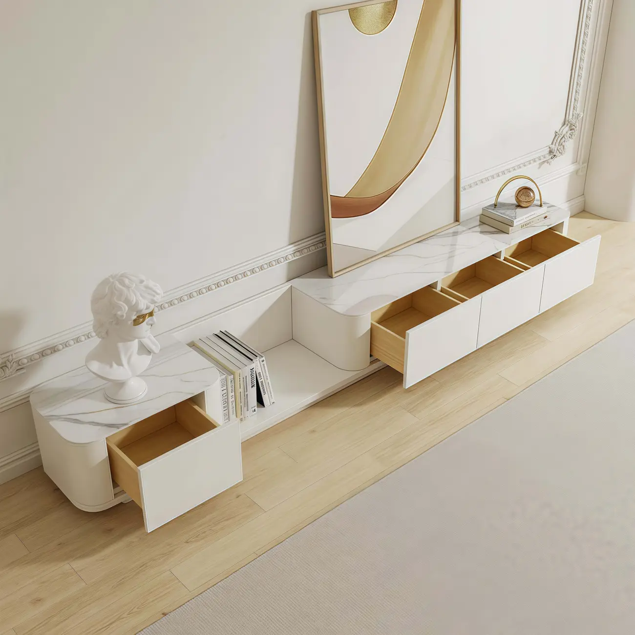 Extendable Modern Wooden White TV cabinet with Drawers Image - 7 | homeyfad