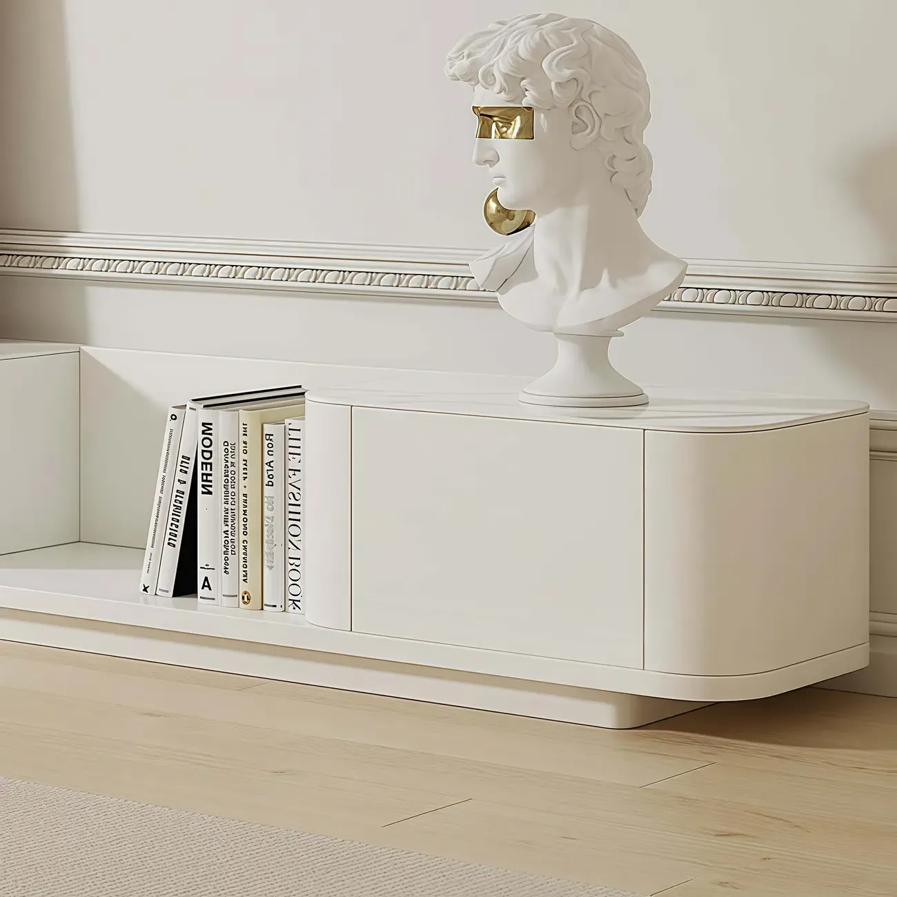 Extendable Modern Wooden White TV cabinet with Drawers Image - 9