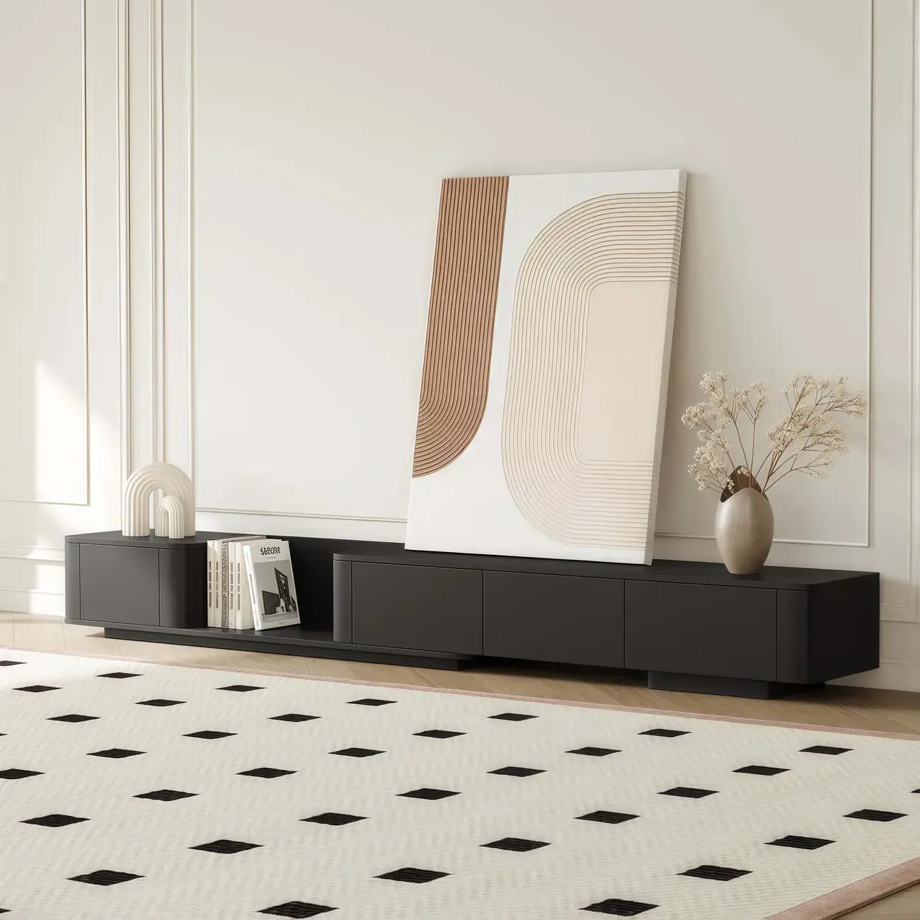 Extendable Modern Wooden White TV cabinet with Drawers Image - 5