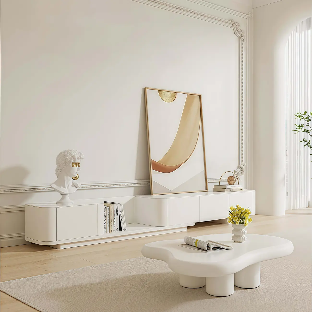 Extendable Modern Wooden White TV cabinet with Drawers Image - 2 | homeyfad