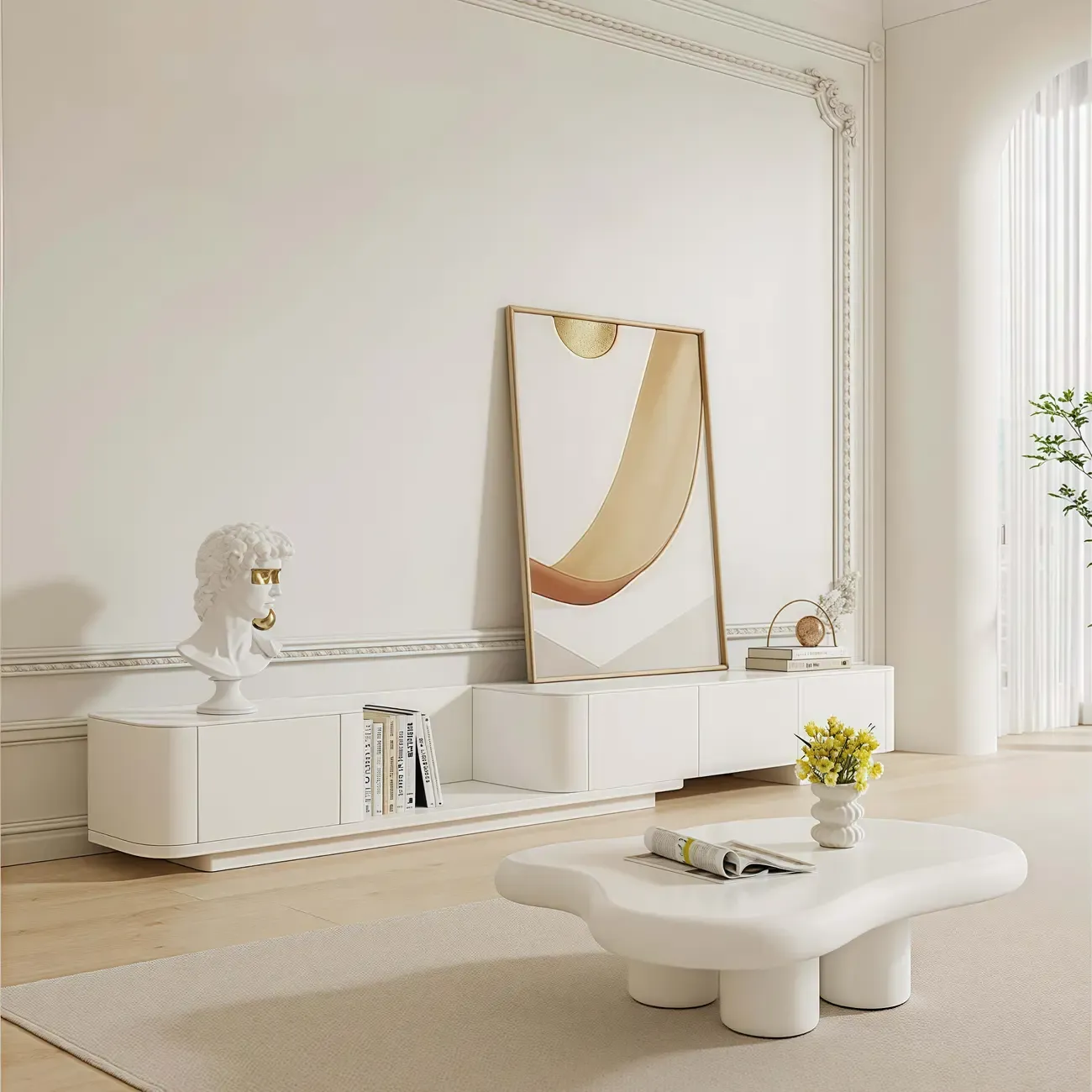 Extendable Modern Wooden White TV cabinet with Drawers Image - 2