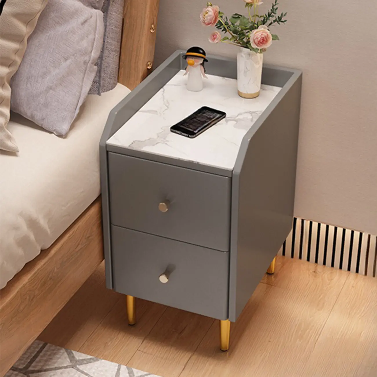 Narrow Faux Leather Drawer Nightstand with Stone Countertop Image - 7 | homeyfad