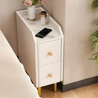 Narrow Faux Leather Drawer Nightstand with Stone Countertop Image - 6