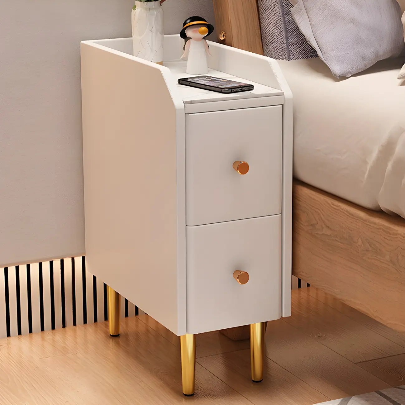 Narrow Faux Leather Drawer Nightstand with Stone Countertop Image - 1 | homeyfad