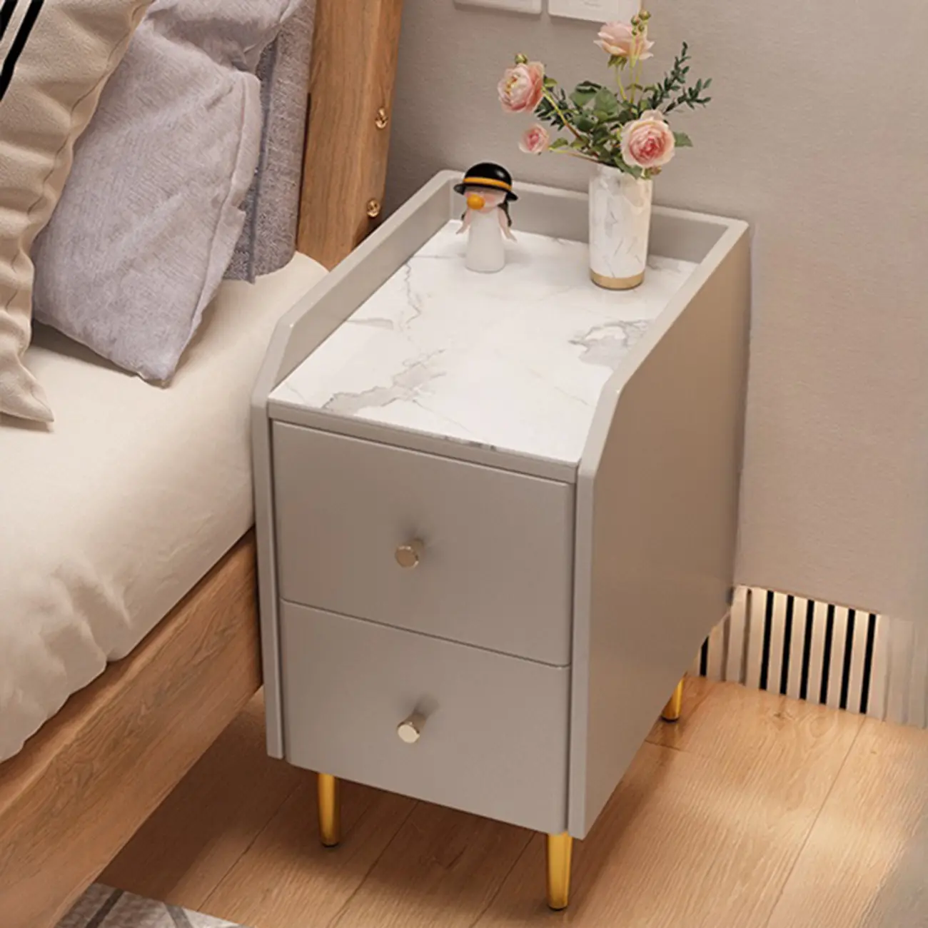 Narrow Faux Leather Drawer Nightstand with Stone Countertop Image - 9 | homeyfad