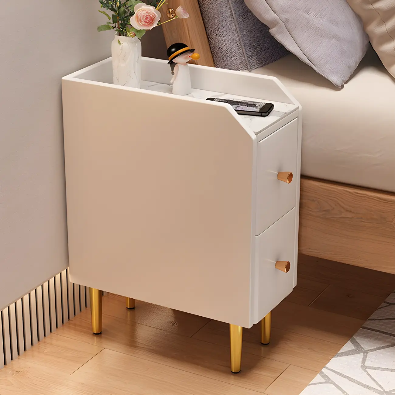 Narrow Faux Leather Drawer Nightstand with Stone Countertop Image - 3 | homeyfad