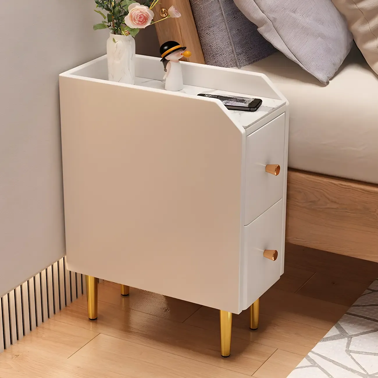 Narrow Faux Leather Drawer Nightstand with Stone Countertop Image - 3