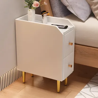 Narrow Faux Leather Drawer Nightstand with Stone Countertop Image - 3