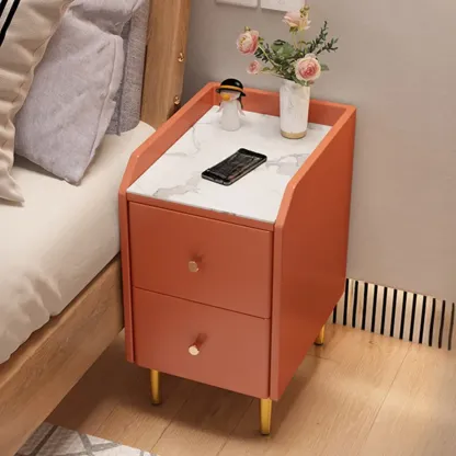 Narrow Faux Leather Drawer Nightstand with Stone Countertop Image - 10