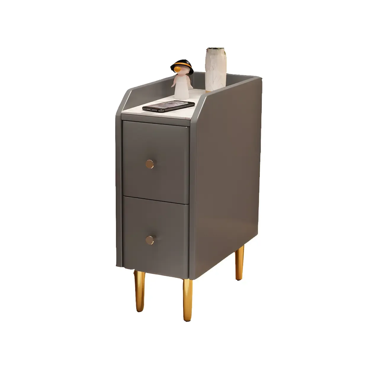 Narrow Faux Leather Drawer Nightstand with Stone Countertop Image - 16