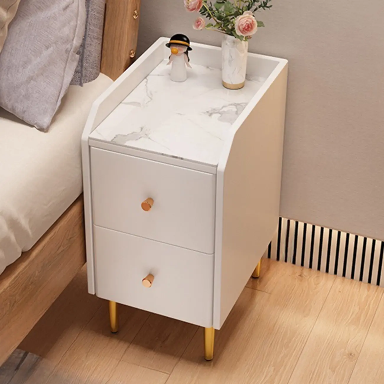 Narrow Faux Leather Drawer Nightstand with Stone Countertop Image - 2 | homeyfad