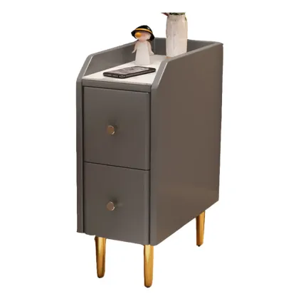 Narrow Faux Leather Drawer Nightstand with Stone Countertop Image - 17