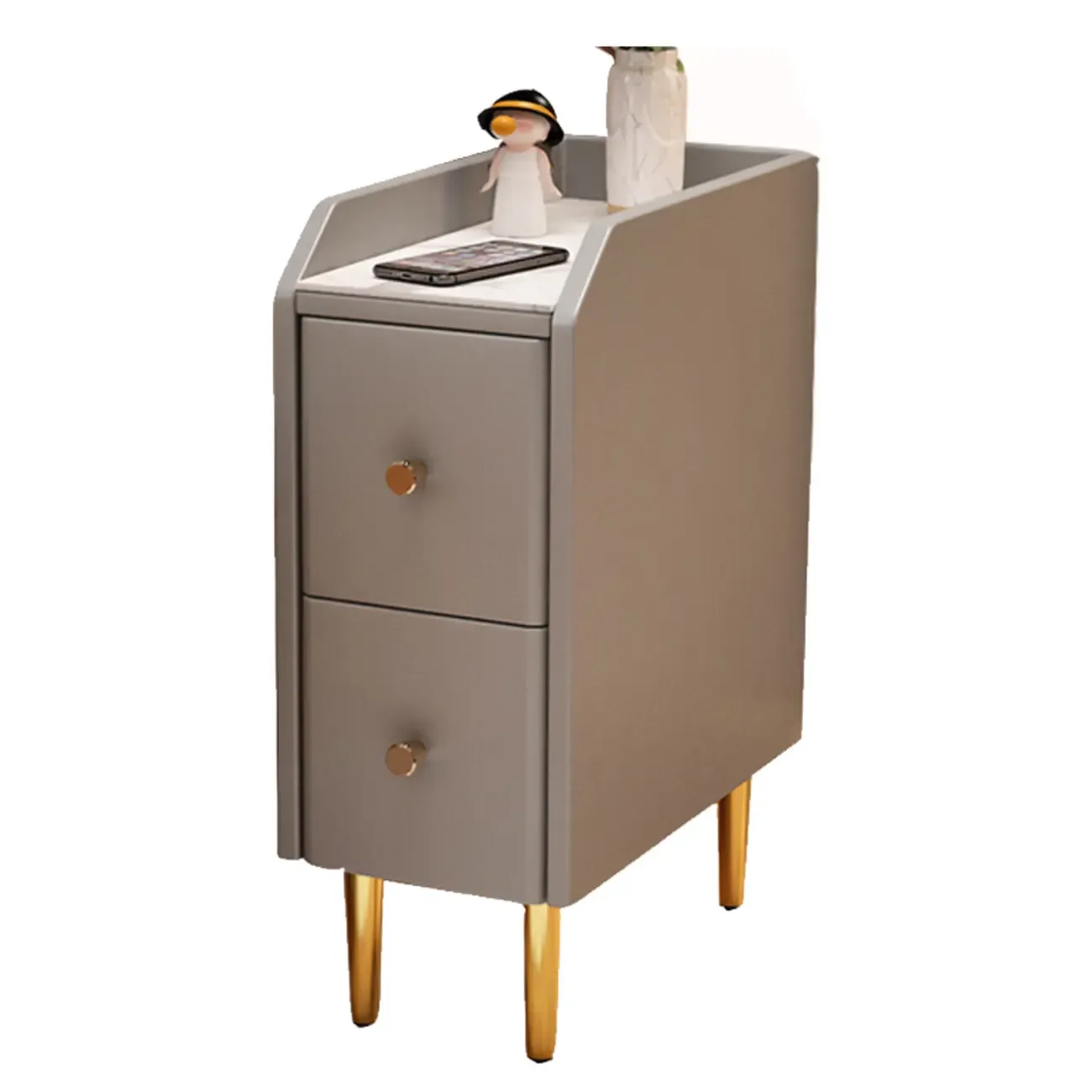 Narrow Faux Leather Drawer Nightstand with Stone Countertop Image - 18