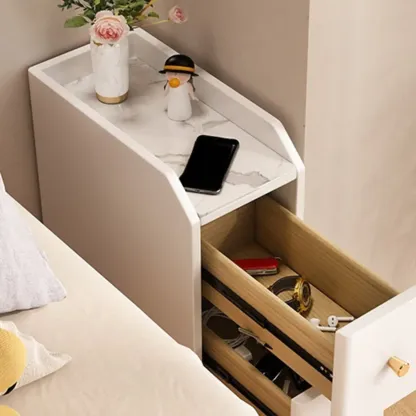 Narrow Faux Leather Drawer Nightstand with Stone Countertop Image - 14