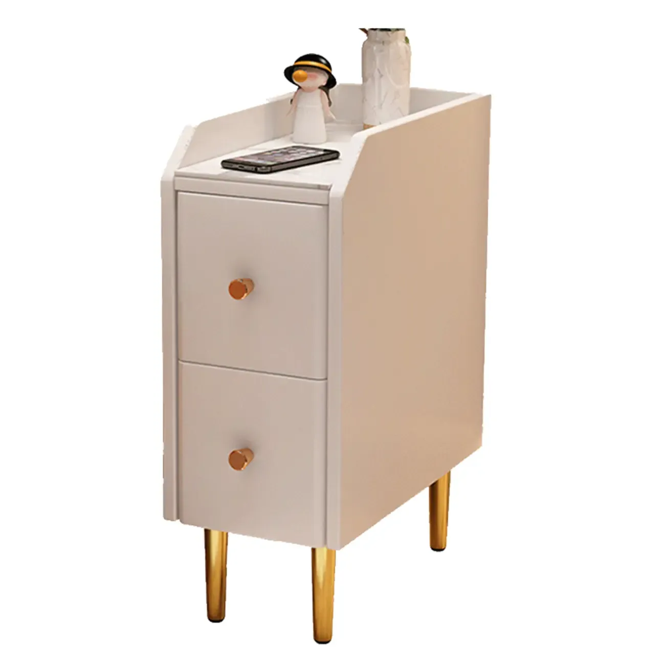 Narrow Faux Leather Drawer Nightstand with Stone Countertop Image - 21